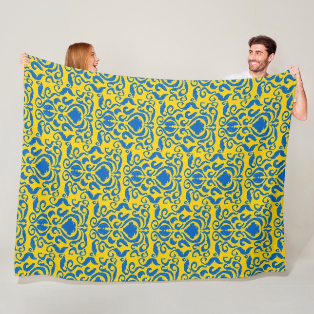 Damask Ukraine Freedom Blue Energizing Yellow Fleece Blanket (In Situ)