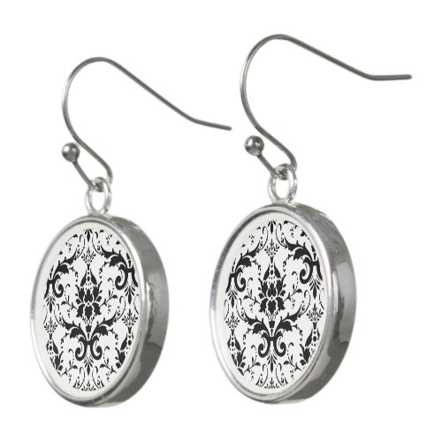 Damask Victorian Vintage Black  White Drop Earrings