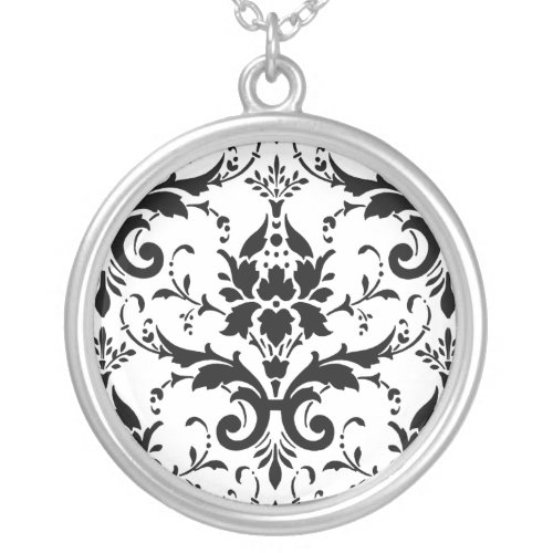 Damask Victorian Vintage Black  White Silver Plated Necklace