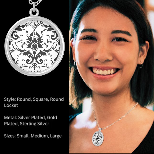 Damask Victorian Vintage Black & White Silver Plated Necklace (Damask Victorian Vintage Black & White Silver Plated Necklace)