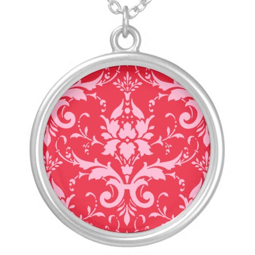 Damask Victorian Vintage Pink  Red Silver Plated Necklace