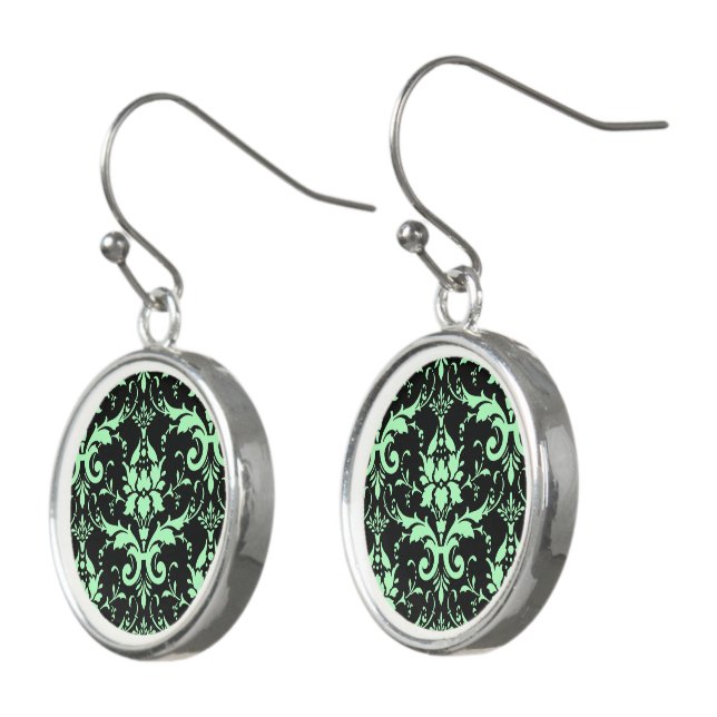 Damask Victorian Vintage Sage & Dark Green Drop Earrings (Angled)