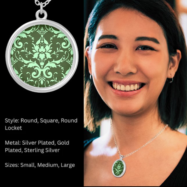 Damask Victorian Vintage Sage & Dark Green Silver Plated Necklace (Damask Victorian Vintage Sage & Dark Green Silver Plated Necklace)