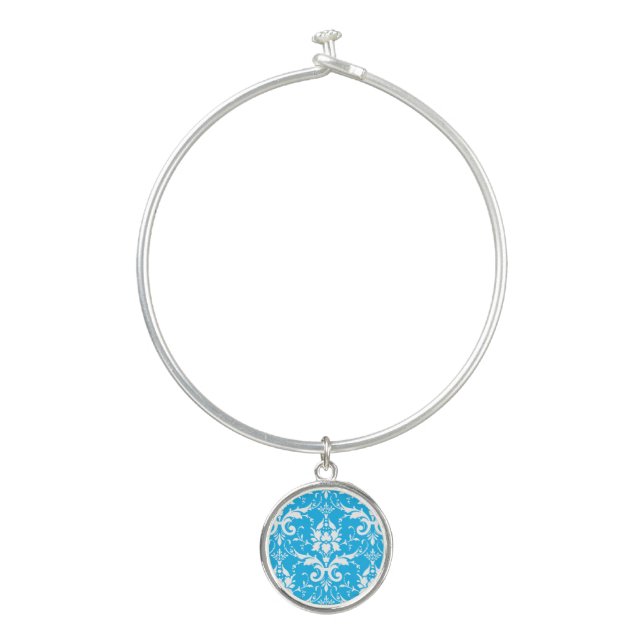 Damask Victorian Vintage White & Sky Blue Bangle Bracelet (Front)