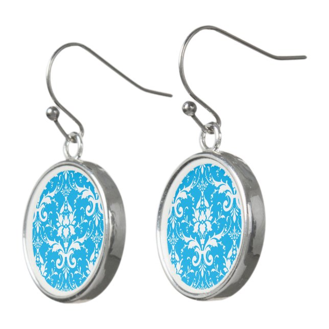 Damask Victorian Vintage White & Sky Blue Drop Earrings (Angled)