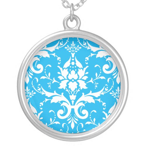 Damask Victorian Vintage White  Sky Blue Silver Plated Necklace