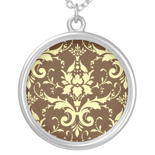 Damask Victorian Vintage Yellow  Brown Silver Plated Necklace