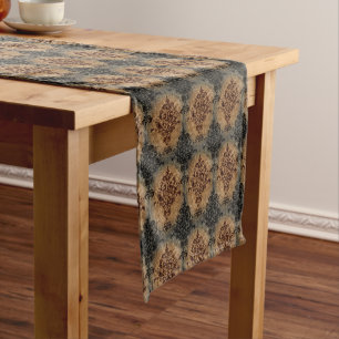 Damask Vintage Black and Rust on Gray and Tan Medium Table Runner