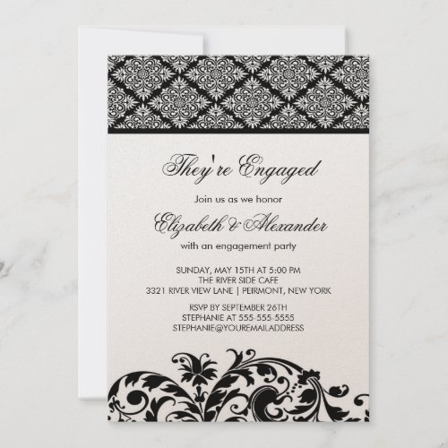 Damask Vintage Engagement Party Invitation Black