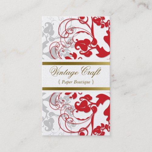Damask Vintage Floral Flourish Chic Red Elegant Business Card