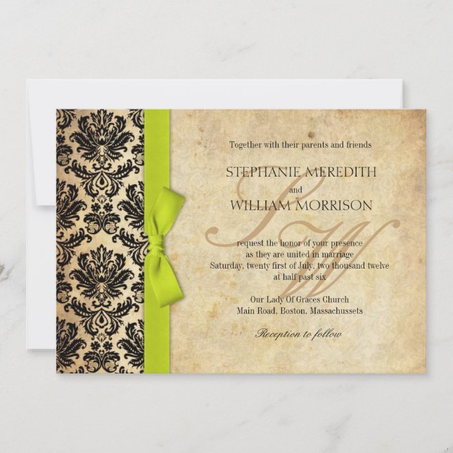 Damask Vintage Lime Bow Wedding Invitation (Front)