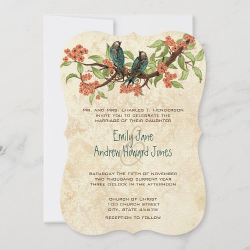 Damask Vintage Love Birds Tea Stain Wedding Invite