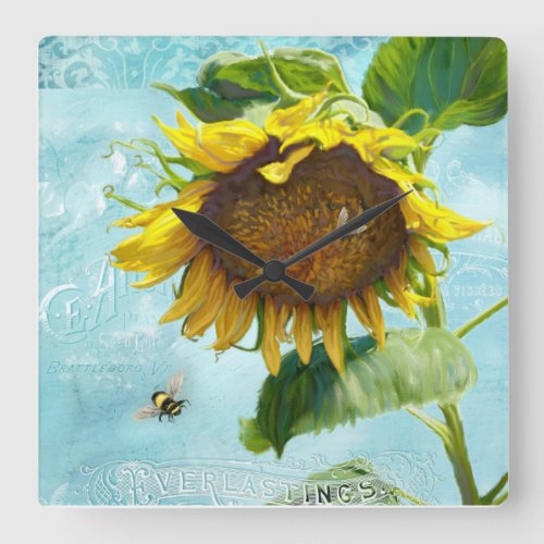 Damask Vintage Modern Sunflower w Bumble Bees Art Square Wall Clock