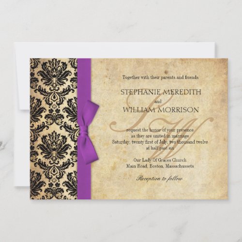 Damask Vintage Purple Bow Wedding Invitation