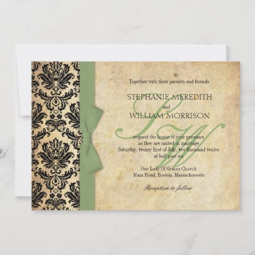 Damask Vintage Sage Bow Wedding Invitation