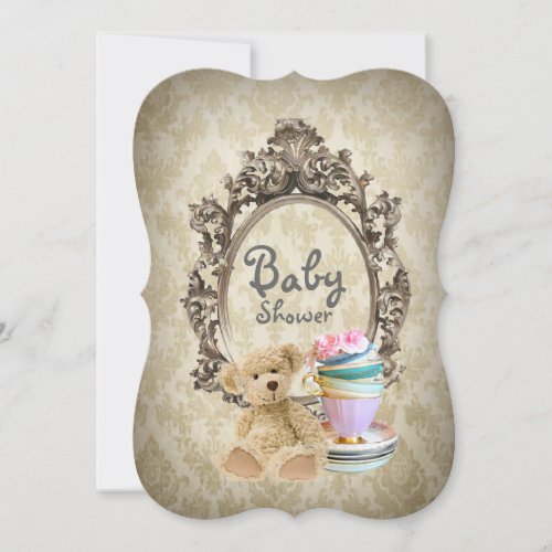 damask vintage teddy bear baby shower invitations