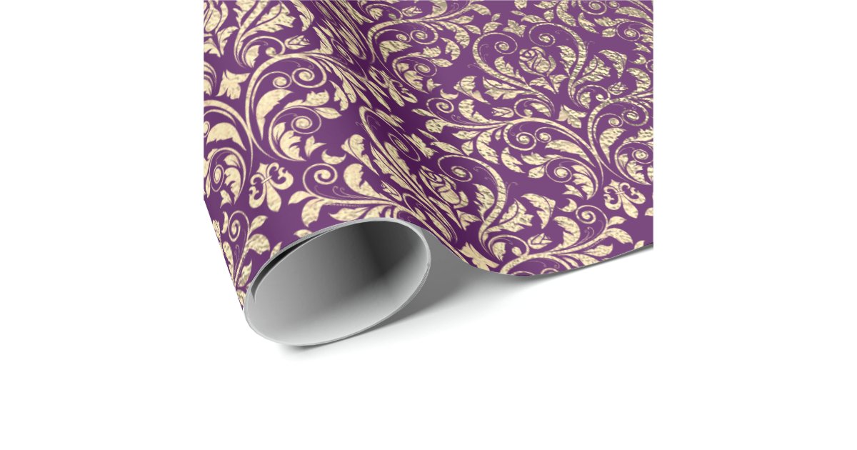 Royal Damask Crushed Velvet Purple Plumbrella Gold Wrapping Paper