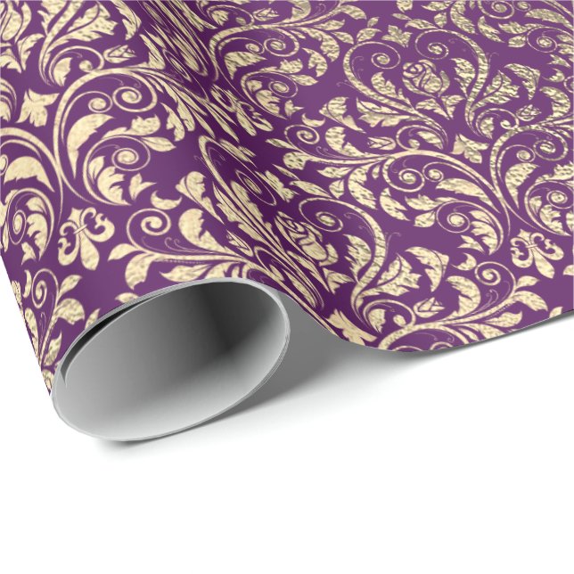 Damask Violet Purple Grape Plum Gold Royal Wrapping Paper (Roll Corner)