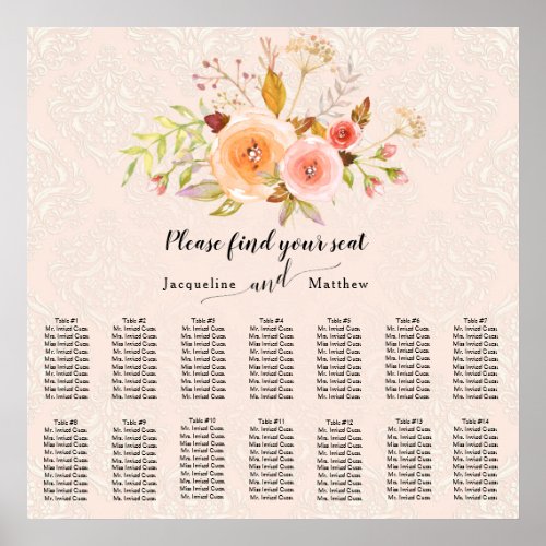 Damask Watercolor Floral Foliage Seating Chart