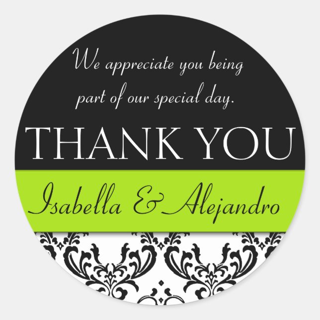 Damask Wedding Favor Thank You Label Lime Green (Front)