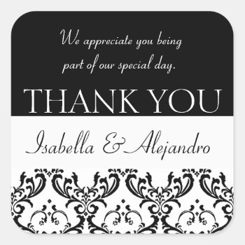 Damask Wedding Favour Thank You Label Black Square by DamaskGallery at Zazzle