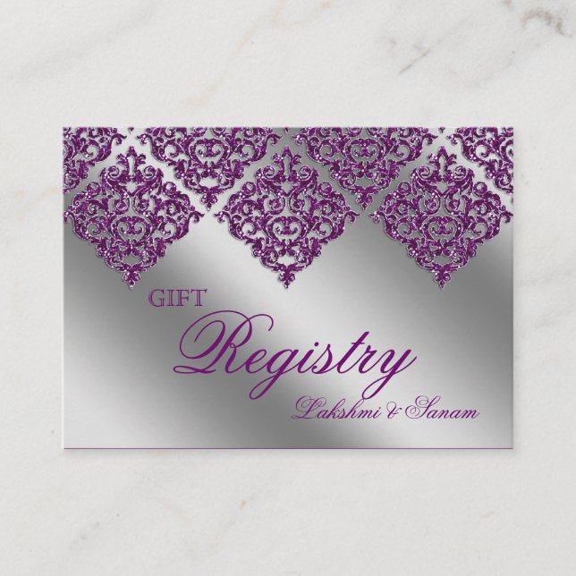 Damask Wedding Gift Registration Card Purple Spark (Front)