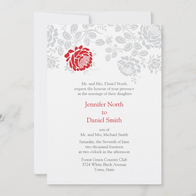 Damask Wedding Inviations Red And Gray Invitation (Front)