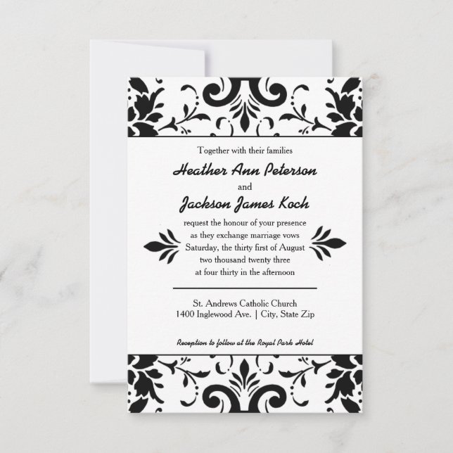 Damask Wedding Invitation 3x5 Black and White (Front)