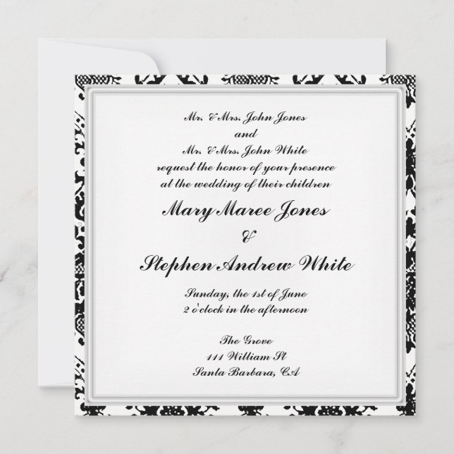 Damask Wedding Invitation Black and White (Front)
