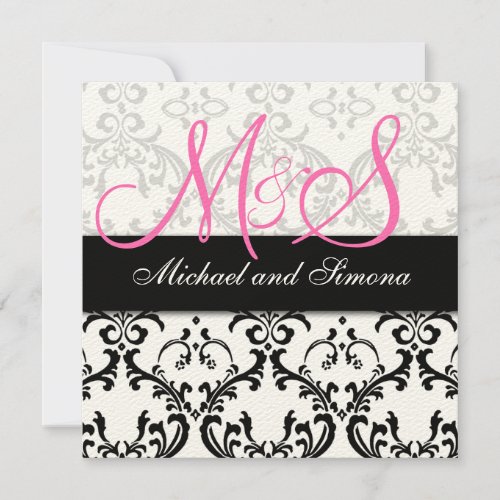 Damask Wedding Invitation Initials Names Pink