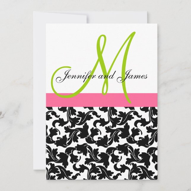 Damask Wedding Invitation Monogram Green Pink (Front)