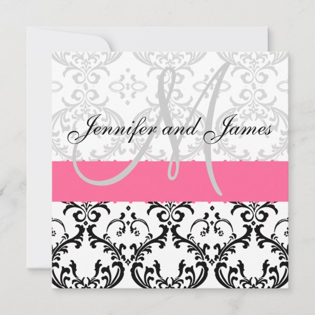 Damask Wedding Invitation Monogram Pink (Front)