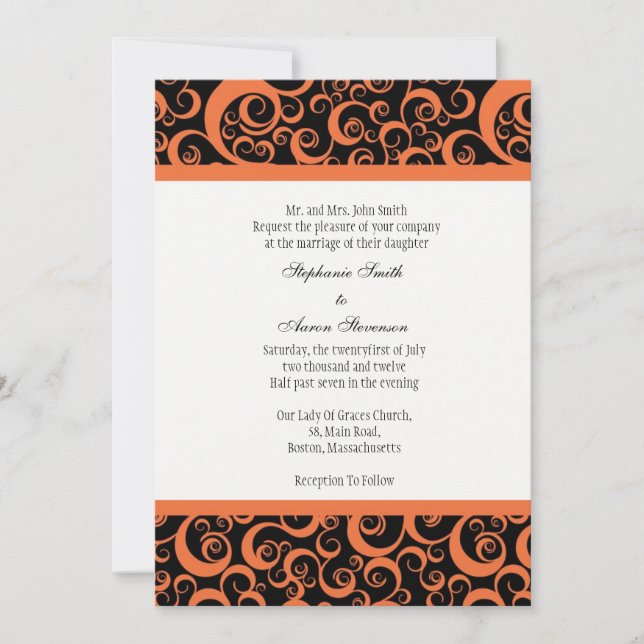 Damask Wedding Invitation with Orange (Front)