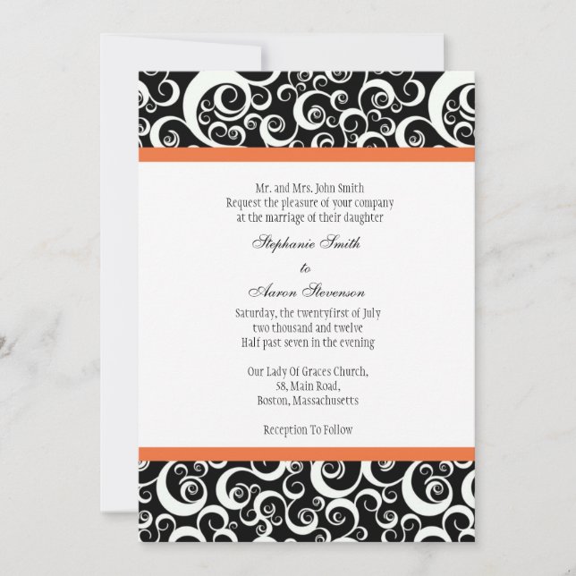 Damask Wedding Invitation with Orange (Front)