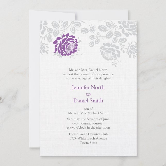 Damask Wedding Invitations Lavender And Gray (Front)
