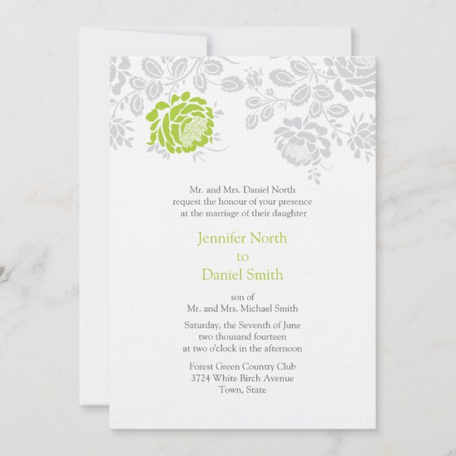 Damask Wedding Invitations Lime And Gray (Front)