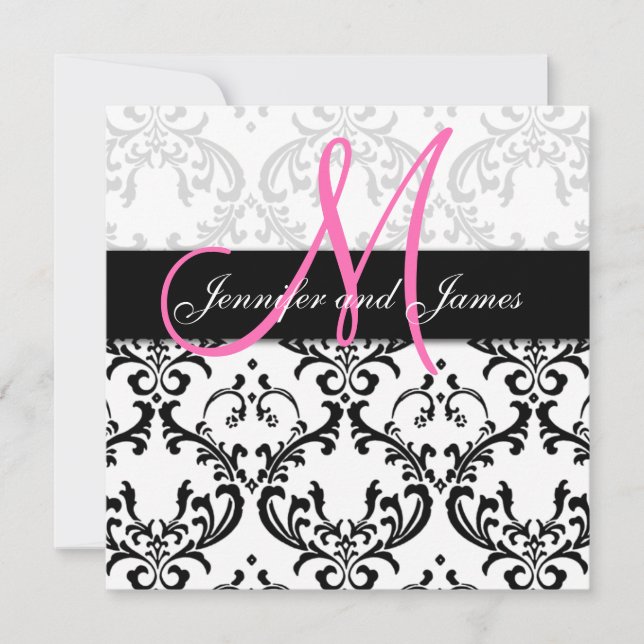 Damask Wedding Invitations Monogram Names Pink (Front)