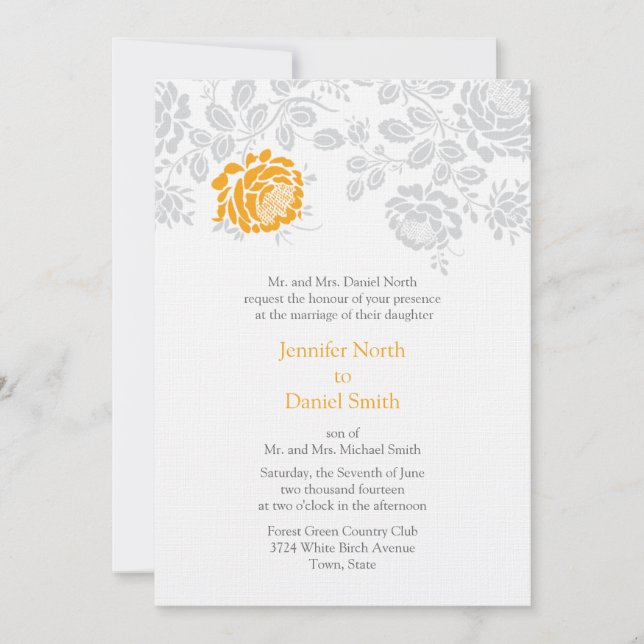 Damask Wedding Invitations Orange And Gray (Front)