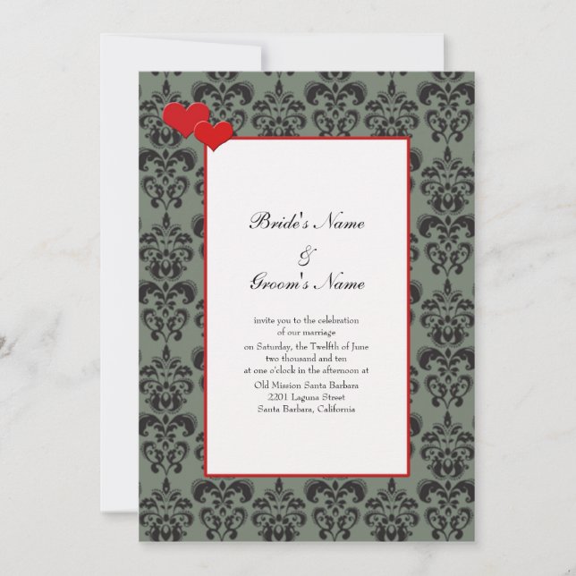 Damask Wedding Invitations with Red Trim Self Host (Front)