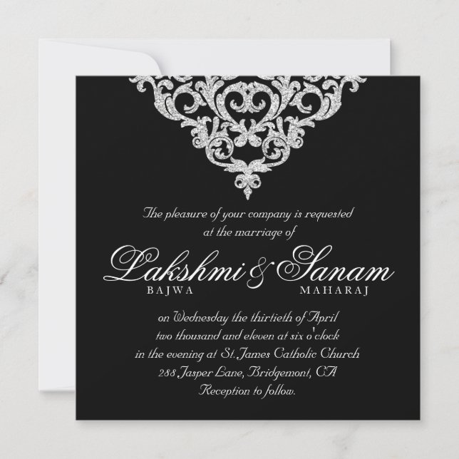 Damask Wedding Invite Diamond Sparkle Silver Lace (Front)