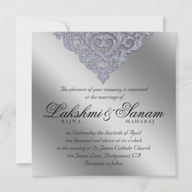 Damask Wedding Invite Sparkle Silver Lace (Front)