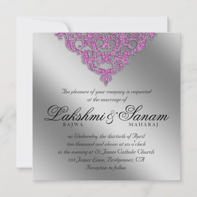 Damask Wedding Invite Sparkle Silver Pink (Front)