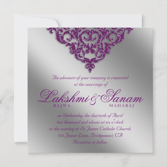Damask Wedding Invite Sparkle Silver Purple (Front)