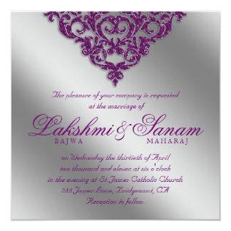 Damask Wedding Invite Sparkle Silver Purple