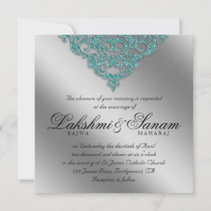 Damask Wedding Invite Sparkle Silver Teal