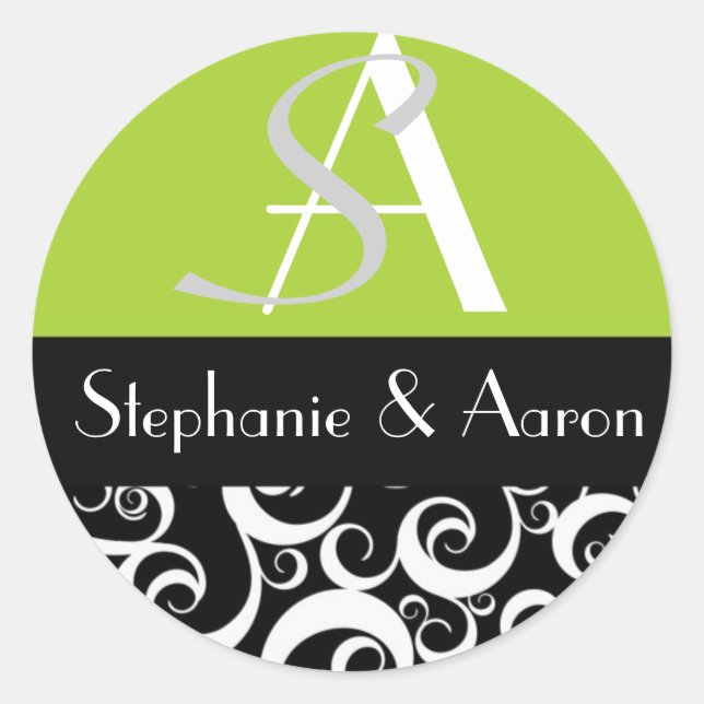 Damask Wedding Monogram in Black and Green Classic Round Sticker (Front)