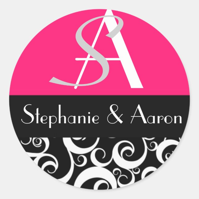 Damask Wedding Monogram in Black and Hot Pink Classic Round Sticker (Front)
