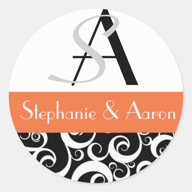 Damask Wedding Monogram in Black and Orange Classic Round Sticker (Front)