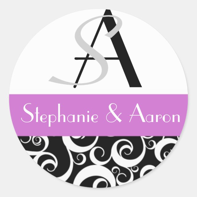 Damask Wedding Monogram in Black and Purple Classic Round Sticker (Front)