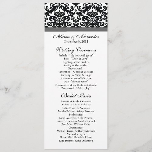 Damask Wedding Program Black &amp; Charcoal Grey